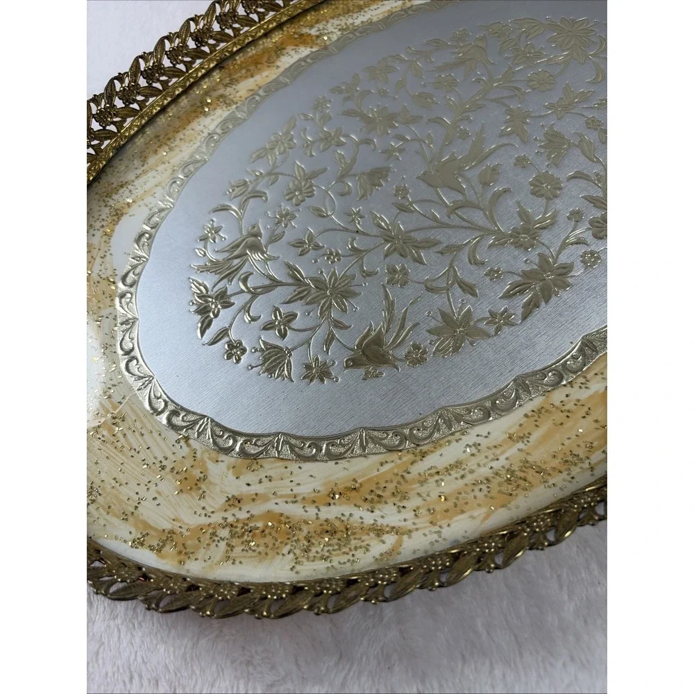 VTG 60s MCM HOLLYWOOD REGENCY GLASS & BIRD FLORAL FILIGREE ORMOLU VANITY TRAY